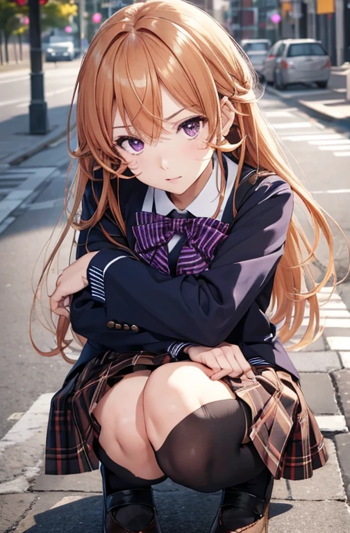 8k, erina nakiri, long hair, orange hair, (purple eyes:1.1), hair between eyes, skirt, thighhighs, bow, school uniform, jacket, pleated skirt, shoes, black thighhighs, zettai ryouiki, plaid, plaid skirt, blazer, Move the center of gravity back、Put your hands forward from your feet、Put your feet in a ring of hands、pretty embarrassing、witheout panties、Thin leg、tight skirts、90 degree knees、heels on the ground、hands in front of feet、hug your feet、Knelt、Walkway、Raw photography、8K、top-quality、 超A high resolution、Beautiful face in every detail、Realistic human skin、Black tights、Gentle expression、front-facing view、angle from bellow、realisitic、Photorealsitic、cute little、a short skirt、Squatting deep in the city、cute school girl, schoolgirl wearing uniform、Surreal High School Girl、full body Esbian、Golden hair, length hair,a purple eye.