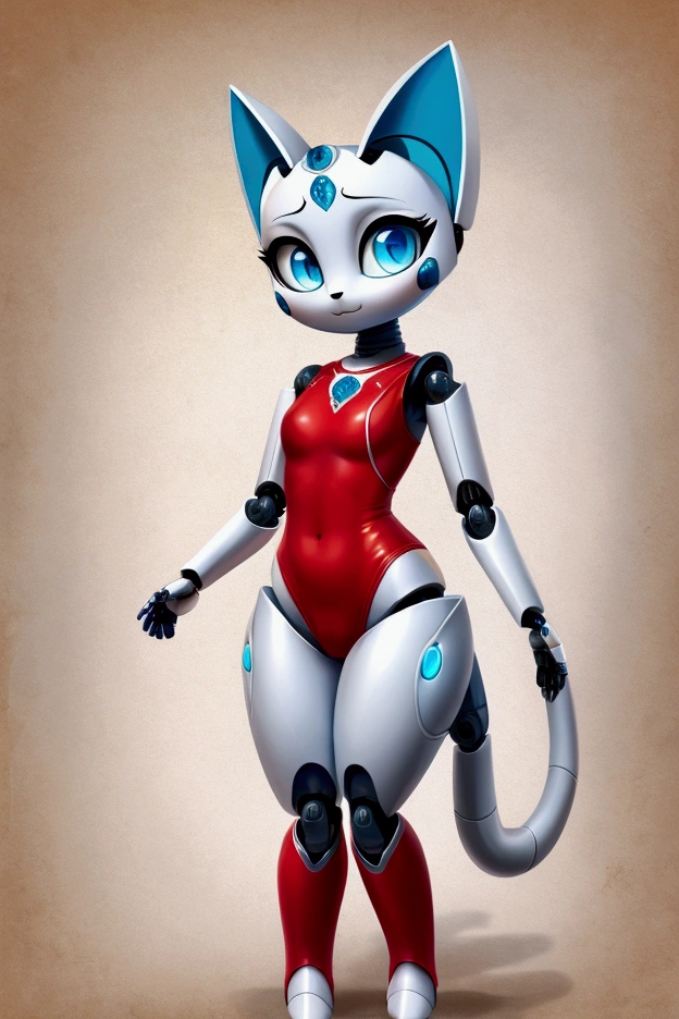 Small, slender, female robot kitty with good, big thighs and beautiful blue eyes, wearing a full-body green swimsuit..