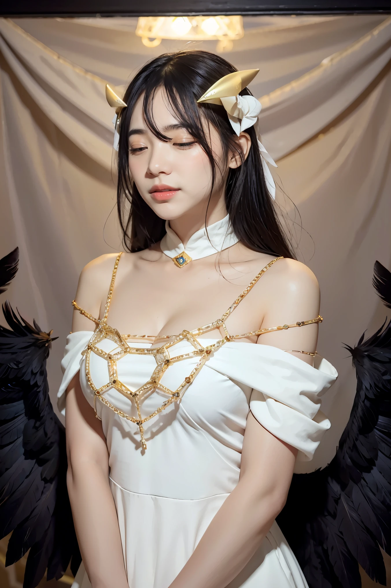 Masterpiece, Best quality, Ultra-detailed, illustration, epic lighting, Cinematic composition, isometry,(hexagons:1.2), 1girll, Horns, Solo, Yellow eyes, Black hair, Long hair, (Low wing:1.2), Large cleavage, Bare shoulders, hair between eye, Medium breasts, (White dress:1.1), Golden decoration, Detached collar, view the viewer, Semi-closed Eyes, (view the viewer:1.1), parted lip, Blush, Black feathers fall, Arena, particle fx, (8K:1.1)