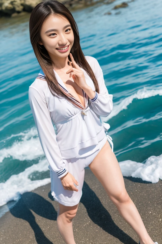 (masterpiece、High resolution、high quality)、日本の美しいgirl:1.3、12-year-old elementary school student、Immature body、Beautiful body, At night, girl, Put one foot in the sea using only your toes, girl standing, girl sideways, girl between the horizon and the sea, Side view, Ripples spreading from the toes, The scene is about 20 metres away.,On the beautiful sea of the tropics, At night, the whole scene is shining, There is a meteor shower、Laughter、Clear Eyes、、Beautiful Skin、Completely naked、Full nudity、Very beautiful breastid-chest、Beautiful cherry-colored areola、Beautifully erect nipples、Small Ass、Shaven、Professional photography、Lots of eyelashes、Glowing eyelids、skeletally correct、walk on the sea
