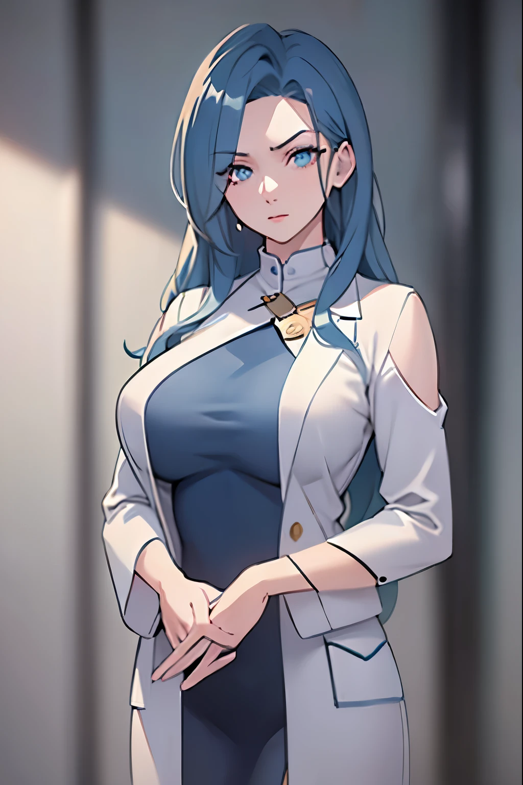 a woman wearing a scientific clothing in a laboratory - style room, detailed facial features, long blue hair, detailed hands and fingers, detailed clothing folds and texture, natural lighting, photorealistic, highly detailed, masterpiece, 8k, ultra-detailed
 