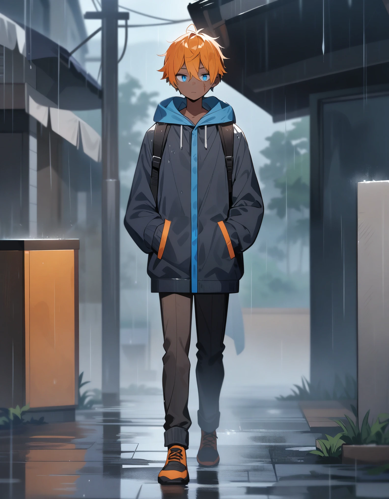 Black skinned boy, blue eyes, scar on the cheek, full body, in the rain, orange hair.