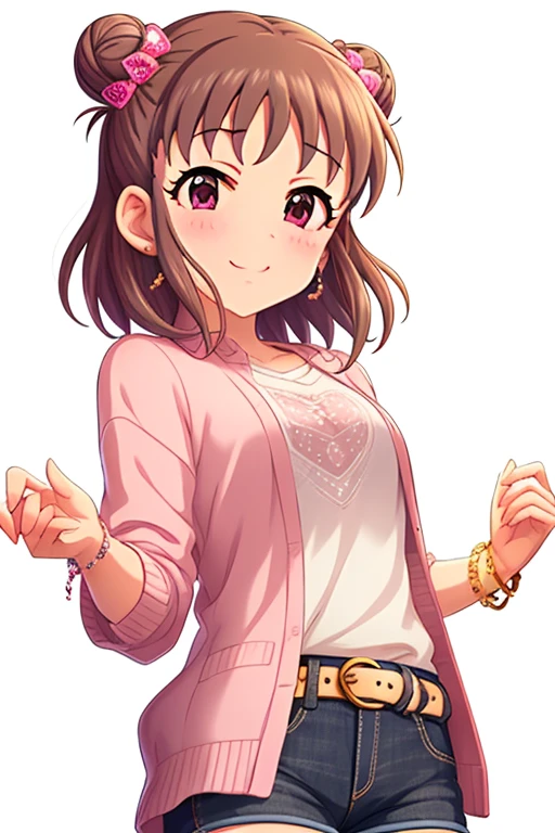 2D, anime, anime coloring, (solid white background:1.3),  Munakata Atsumi,
double bun, hair bun, brown hair, blush, 1girl, solo, jewelry, short hair, hair ornament, brown eyes, looking at viewer, bracelet, hair bow, white shirt, belt, smile, denim shorts, shorts rolled