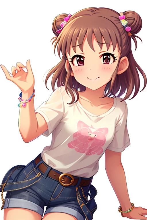 2D, anime, anime coloring, (solid white background:1.3),  Munakata Atsumi,
double bun, hair bun, brown hair, blush, 1girl, solo, jewelry, short hair, hair ornament, brown eyes, looking at viewer, bracelet, hair bow, white shirt, belt, smile, denim shorts, shorts rolled