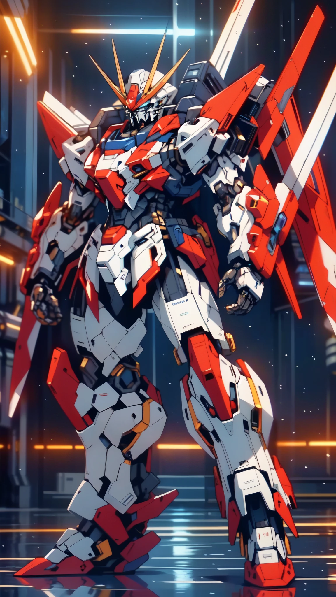 (masterpiece:1.5, best quality:1.5, extremely delicate:1.5), (male:1.5), humanoid Mecha, fully enclosed shoulder guards, matching arm and leg guards, full body, full armor, the design balances heavy with agility, (the color scheme is primarily White with Red and Blue accents, the concept Inspired by GUNDAM, RRS), organic biotech armor, standing, floating high above the futuristic sci-fi city, exquisite and mature art style, (aura effect, glowing eyes, the armor glows), metallic, dramatic, high definition, highres, ultra-detailed, ultra-fine painting, professional, perfect body proportions, anatomically correct, symmetrical face, extremely detailed eyes and face, high quality eyes, creativity, RAW photo, UHD, 32k, Natural light, cinematic lighting, masterpiece-anatomy-perfect