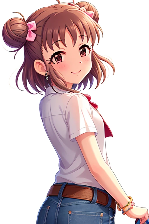 2D, anime, anime coloring, (solid white background:1.3), Munakata Atsumi, double bun, hair bun, brown hair, blush, 1girl, solo, jewelry, short hair, hair ornament, brown eyes, looking at viewer, bracelet, hair bow, white shirt, belt, smile, denim shorts, shorts rolled, looking back