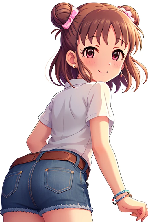 2D, anime, anime coloring, (solid white background:1.3), Munakata Atsumi, double bun, hair bun, brown hair, blush, 1girl, solo, jewelry, short hair, hair ornament, brown eyes, looking at viewer, bracelet, hair bow, white shirt, belt, smile, denim shorts, shorts rolled, looking back