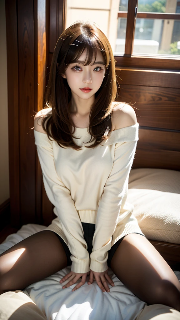 One girl sitting on a cozy sofa, Soft light, Detailed skin, (Long bangs:1,2), (Medium bust:1.0), (realphoto:1.4), (Best Quality: 1.0 ), (Ultra High Resolution:1.0), 8K, raw picture, (masutepiece:0.2), (PurerosFace_v1:0.5)