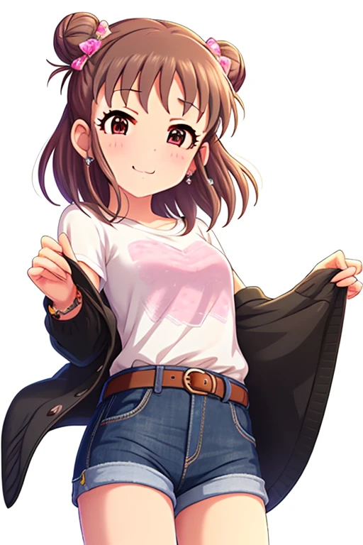 2D, anime, anime coloring, (solid white background:1.3), Munakata Atsumi, double bun, hair bun, brown hair, blush, 1girl, solo, jewelry, short hair, hair ornament, brown eyes, looking at viewer, bracelet, hair bow, white shirt, belt, smile, denim shorts, shorts rolled