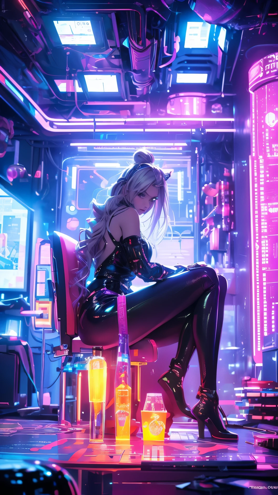  A striking silver-haired woman sits gracefully in a retro-futuristic room, bathed in the soft glow of neon lights. She wears an unbuttoned, oversized boyfriend shirt, her long hair tied into a sleek, tight bun. The room is filled with synthwave colors — vivid purples, blues, and pinks — with retro cyberpunk elements and holographic displays flickering in the background. Her eyes, sharp and captivating, catch the rainbow refractions from a nearby prism. The atmosphere feels dreamlike and futuristic, blending the analog aesthetic with modern tech. The background features a hint of Blade Runner-style architecture, with intricate, glowing microchips and steampunk influences decorating the walls. (Extremely Realistic, soft lighting, 8k resolution, vibrant colors, cyberpunk aesthetic, soft focus, photorealistic details).