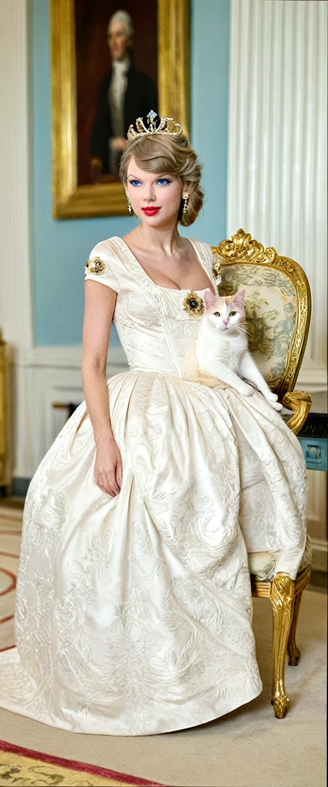 Photographic,  Portrait, Profile , sitting pose,  Gorgeous chair in White house,  looking at viewer ,Full-body, America Cat Kingdom Queen, holding a 1 Scottish-hold ,another 2 cats, , American Woman, Her name is Taylor Swift  X years,,34-age over, (blond hair, meddle hair , blue eyes, beautiful lip, smile, gorgeous crown), (Pearl crescent earrings, Pearl and gold neckless, tiara with Dimond ), (big breasts, wide hip) ,(Rococo 18the century silk Red dress with flower design), (Red base silk long skirt with flower design :1.3)  , gorgeous shoes, on hall in White House Palace, in American, and England governor of American colony, ((textured skin , HI detailed skin, foreshortening, Canon, anatomically correct, super detail, high details, highness))