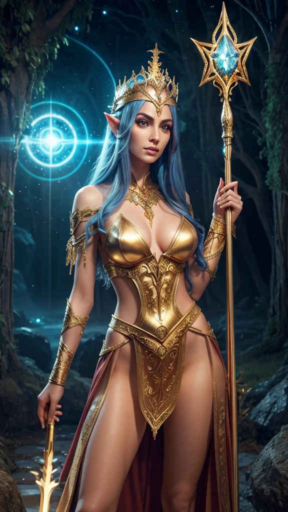 Sure! Queen Azshara is a female character from the Warcraft universe. She is known for her beauty, grace, and power, which are reflected in her appearance. She has long, flowing hair that is a mix of blue and green, and her eyes are also a bright green color. Her skin is a light blue-purple hue, and she has pointed ears like many other Warcraft characters.

Queen Azshara wears a regal gown made of shimmering blue fabric, with gold and silver accents. The dress is off-the-shoulder and has a low neckline, with gold jewelry adorning her neck and arms. She wears a long, flowing cape made of the same shimmering blue fabric as her dress, with a gold clasp at the neck.

Despite her regal appearance, Queen Azshara is also a powerful sorceress. She has the ability to control water and summon powerful sea creatures to do her bidding. In some depictions, she has a mermaid-like appearance, with a fishtail instead of legs.

Overall, Queen Azshara is a formidable and memorable character in the Warcraft universe, with a stunning and regal appearance that befits her status as a queen. --auto --s2