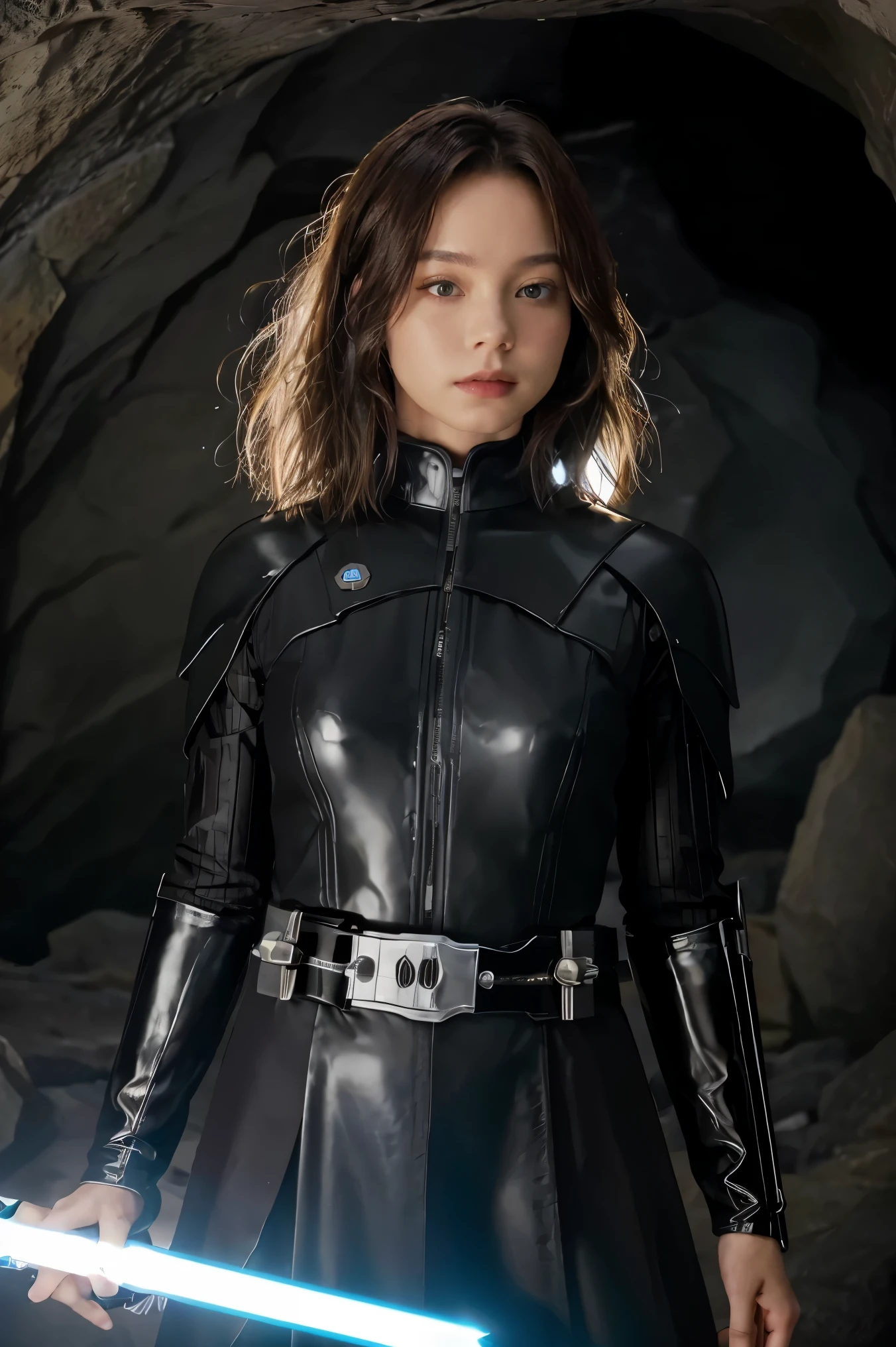 Upper body close-up image.A beautiful woman with a lightsaber stands in a spacious cave. Dark brown hair. long hair.She wears a black metallic battle uniform. There is something on the waist that reminds me of Kamen Rider's transformation belt. 8K image quality. A masterpiece.