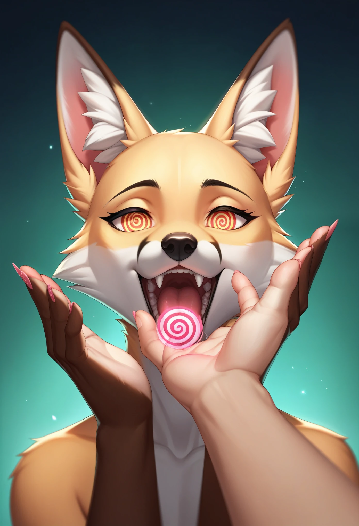 A human hand seen from a close perspective, forming a circle with the index fingers and thumb, aiming straight at the eye of a huge magic fox. The circle of the hand aligns perfectly with the hypnotic, spiral eye of the fox.. The detail in the fingers and skin lines is extremely realistic., highlighting the contrast with the white fur and bloody splashes on the fox&#39;s face. The angle of the hand is dramatic, emphasizing the visual connection between the human hand and the fox&#39;s eye. , as if the hole in the hand were a target, precisely fitting the creature&#39;s gaze The scene is intense and dynamic, with blood details that add an atmosphere of danger