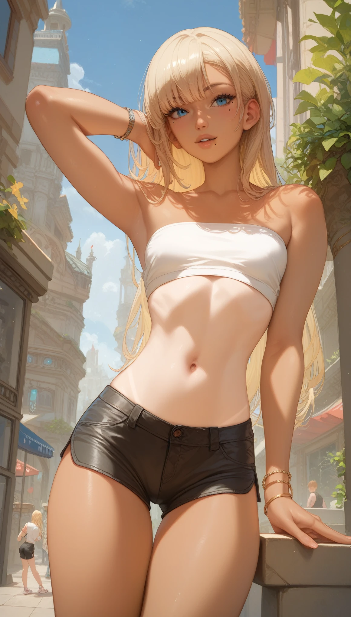 score_9, score_8_up, score_7_up, score_6_up, score_anime, masterpiece, best quality, ultra-detailed, highres, best anatomy, accurate anatomy, (small breasts), flat chest, flat chested, 1girl, solo female, teen girl, **** girl, ((long hair)), bangs, thigh, navel, dark skin, dark skinned, sleeveless, standing, nipple peek, tan lines, perky breasts, strapless white top, black shorts, bracelet, mole under eye, mole beside lips, blue eyes, in public, innocent face, outdoor, city, pinup pose,