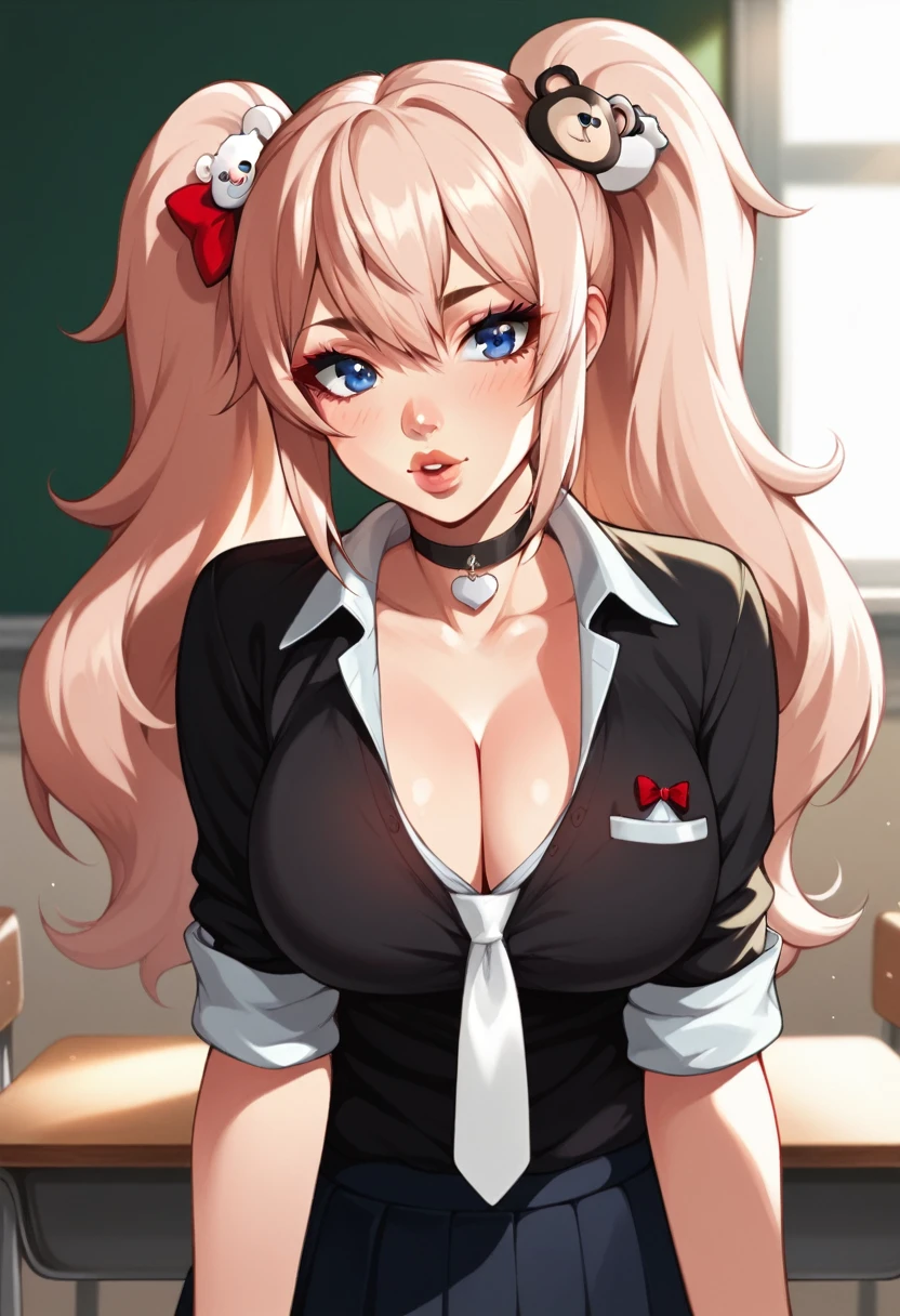 score_9, score_8_up, score_7_up, BREAK,  1girl, solo, breasts, lips,  enoshima junko, twintails, bear hair ornament, school uniform, black shirt, white necktie, red bow, sleeves rolled up, skirt, choker, cleavage, indoors, classroom