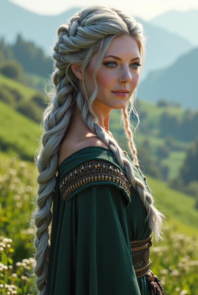 cinematic, photo, head and shoulder portrait photo, 1woman, solo, beautiful 20 years old medieval fantasy prostitute, pale blonde hair, big single long braid, medieval fantasy prostitute nice clothes, intellingent look, enticing smile, in a big medieval city, Canon EOS 5D Mark IV, historical, fantasy, hyper detailed, accurate textures, realistic, skin pores