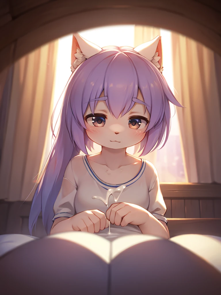 purple hair, curly hair, hair ribbon, sparkling eyes, animal ears, mouse ears, shy, full blush, flustered, light blush, anime, anime style, Minimalism, 8k, super detail, furry, animal tail, mouse tail, cute, kawaii, chibi