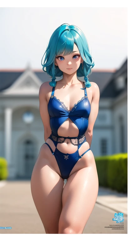 deep skin,textured skin, Blue eyes, short light blue hair, smiling,
BREAK  (Bikini,High leg_Swimsuit,neckline_pull apart, Clothes_pull apart, elbow_gloves:1,2)
ROMPER NSFW,portrait, Alone, (whole body:0.6), looking at the viewer, REST outside a mansion with a garden around it.
BREAK (Masterpiece:1.2), Best Quality, high resolution, unity wallpaper 8k, (illustration:0.8), (Beautiful detailed eyes:1.6), extremely detailed face, perfect lighting, Extremely detailed CG, (perfect hands, perfect anatomy),