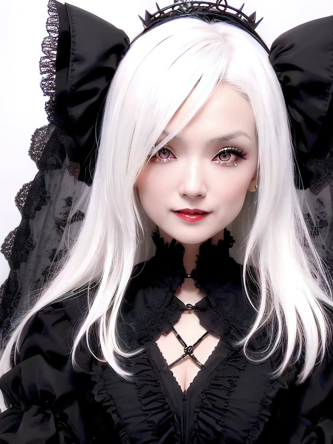 (Close-up portrait), ((Half black and half white hair, like Cruella de Vil)), Dark fantasy, Gothic style, Vampire Queen, Gothic styleのドレスを着て, With a bloodthirsty smile and a bloody face, body, Blood moon in the background. The setting is a Gothic style castle filled with bats., Highlights fair skin and bright eyes.