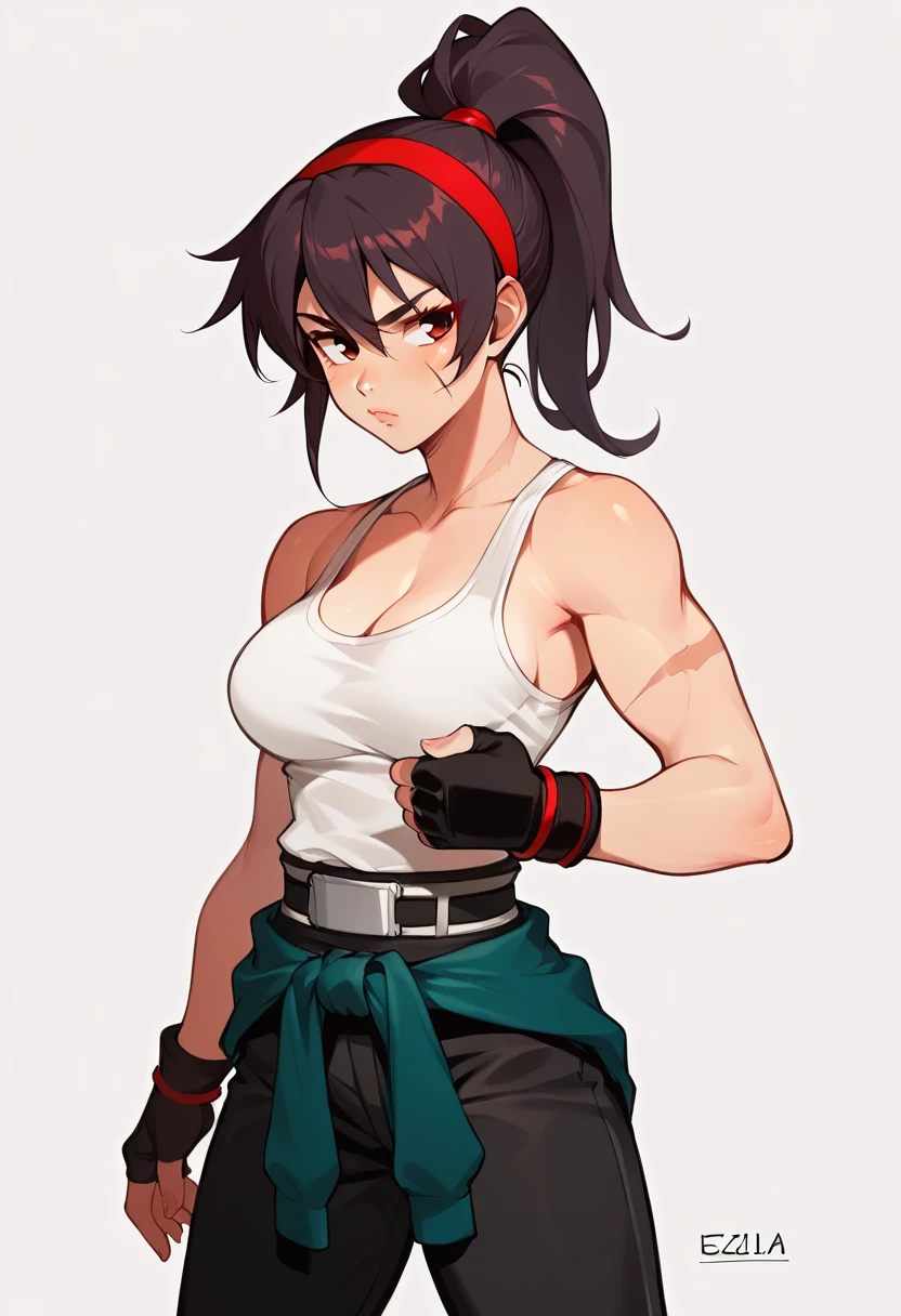 score_9, score_8_up, score_7_up, BREAK,  1girl, solo, breasts,  edgLidia,fingerless gloves,scar across one eye,ponytail,red hairband,black karate belt,clothes around waist,dougi,tank top