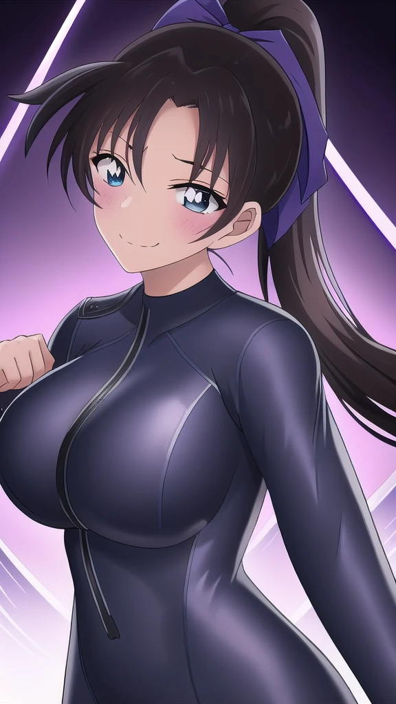  Erotic、Long ponytail volume、Ribbon hair tie、Big Breasts, Alone,teacher、 Navy blue wetsuit　Rash guard, Purple evil background、 Best Quality, Detailed face, Detailed eyes, High resolution,、Evil female executive、Wicked Smile、Sexy pose、Fallen into evil、Fall into Darkness、Dark Side、excited、lure