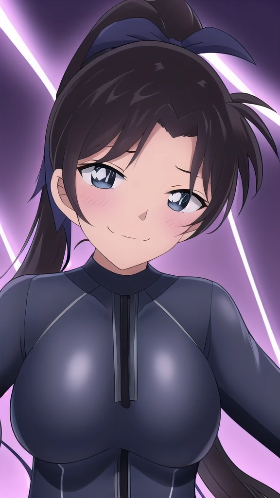  Erotic、Long ponytail volume、Ribbon hair tie、Big Breasts, Alone,teacher、 Navy blue wetsuit　Rash guard, Purple evil background、 Best Quality, Detailed face, Detailed eyes, High resolution,、Evil female executive、Wicked Smile、Sexy pose、Fallen into evil、Fall into Darkness、Dark Side、excited、lure