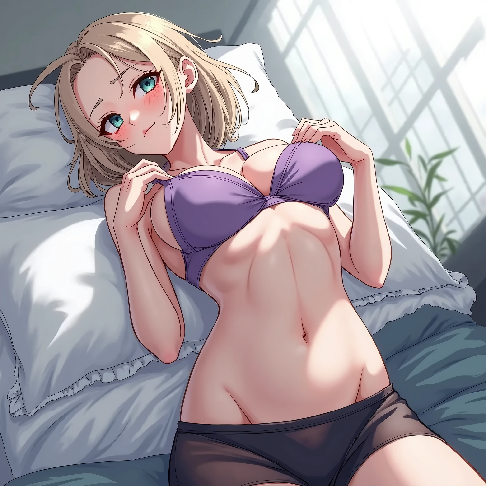 nsfw,Mature Woman,blush,Blonde Hair, Saggy eyes, Thick thighs,Huge saggy breasts,What an idiot, Lie in, bed, Open legs, Spread your legs, Show your armpits,White skin,(Very small black bra:1.2),(Very small black thong:1.2),