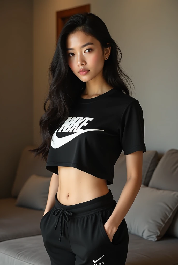 A beautiful young brazilian girl, with (extremely pale skin:1) with straight black hair, (small face), small nose, full lips, small shoulders, slim waist and thick hips, wearing black shorts with a red sweatshirt, standing in a large room, window overlooking the terrace showing the modern city, 4k, high quality,