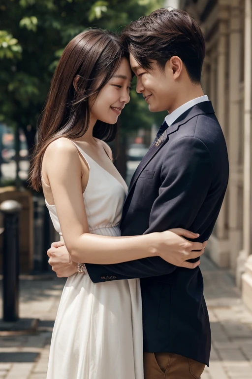 best quality,realistic,man in suit,beautiful woman,hugging from behind,seamless interaction,detailed facial features,gentle expression,tasteful background setting,romantic atmosphere,warm lighting,vivid colors,professional photography,soft focus,blurred background,subtle elegance,artistic composition,high-resolution,love and affection,lovers,emotional connection,embrace,