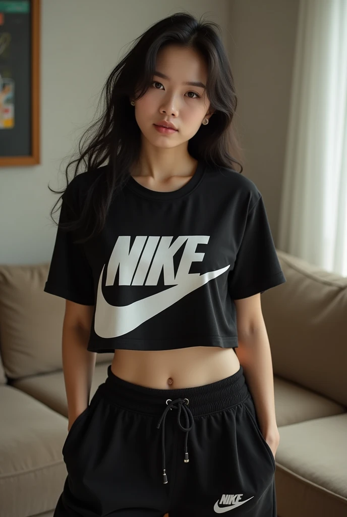 ((best quality)), ((masterpiece)), (detailed), perfect face, japanese teacher,gray track top,shorts,top lifting ,big , japanese girl,sitting on bed,sexy looks,horny girl,seducing by lifting top,anime style