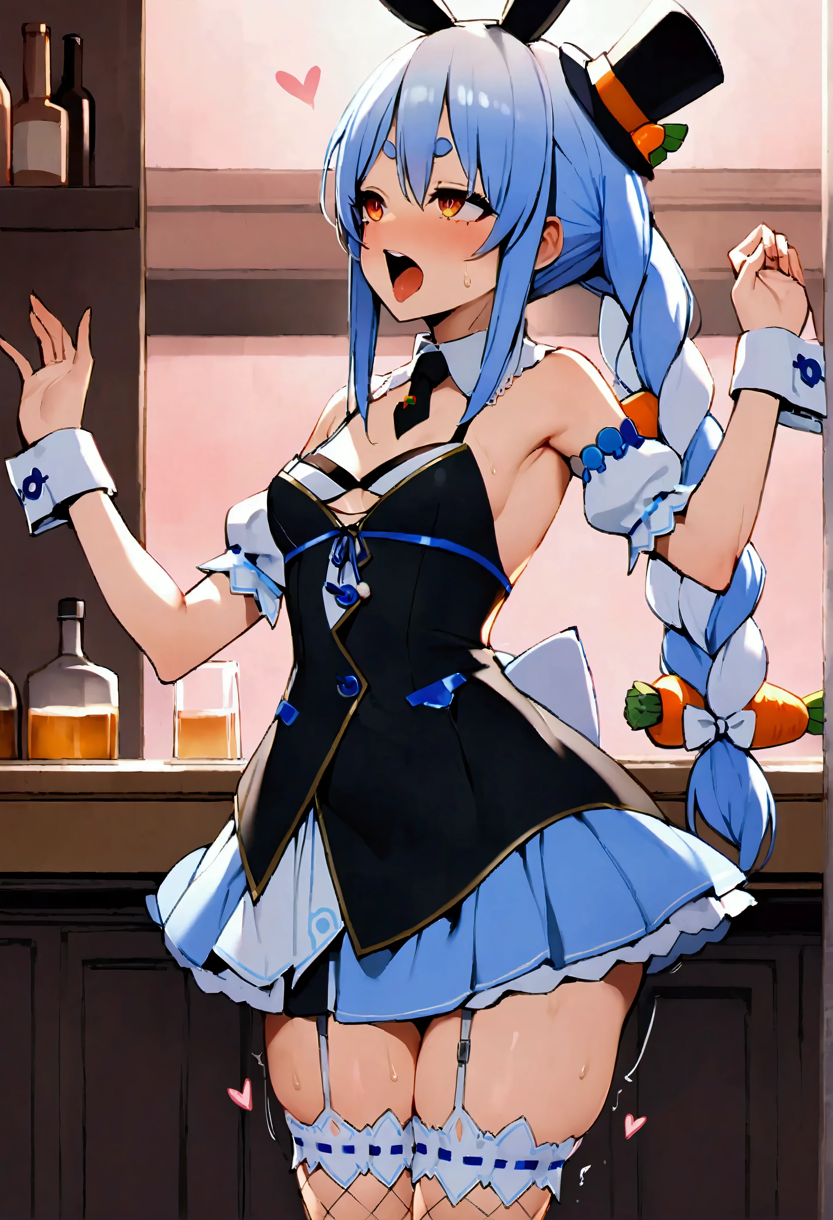 NSFW,masterpiece,Best Quality,High resolution,Very detailed,Usada Pekora\(Ho****ve\),Orange eyes、Thick eyebrows、False eyelashes、Black hair band、Blue Hair、Long Hair、mini top hat、Angled hat、- Detachable collar、short black tie、Black Dress、Short dress、Sleeveless dress、Center frill、Puffy short sleeves、Removable sleeves、Wrist cuffs、Blue Skirt、Fishnet stockings、Garter Straps,bar,counter,Pink lighting,Alcohol,Lustful face,(Ecstasy face),Heart symbol,My crotch is wet,Heavy breathing,Love juice drips,(orgasm),Trembling,Convulsions,(Having sex),Creampie,Insert from behind,Side view