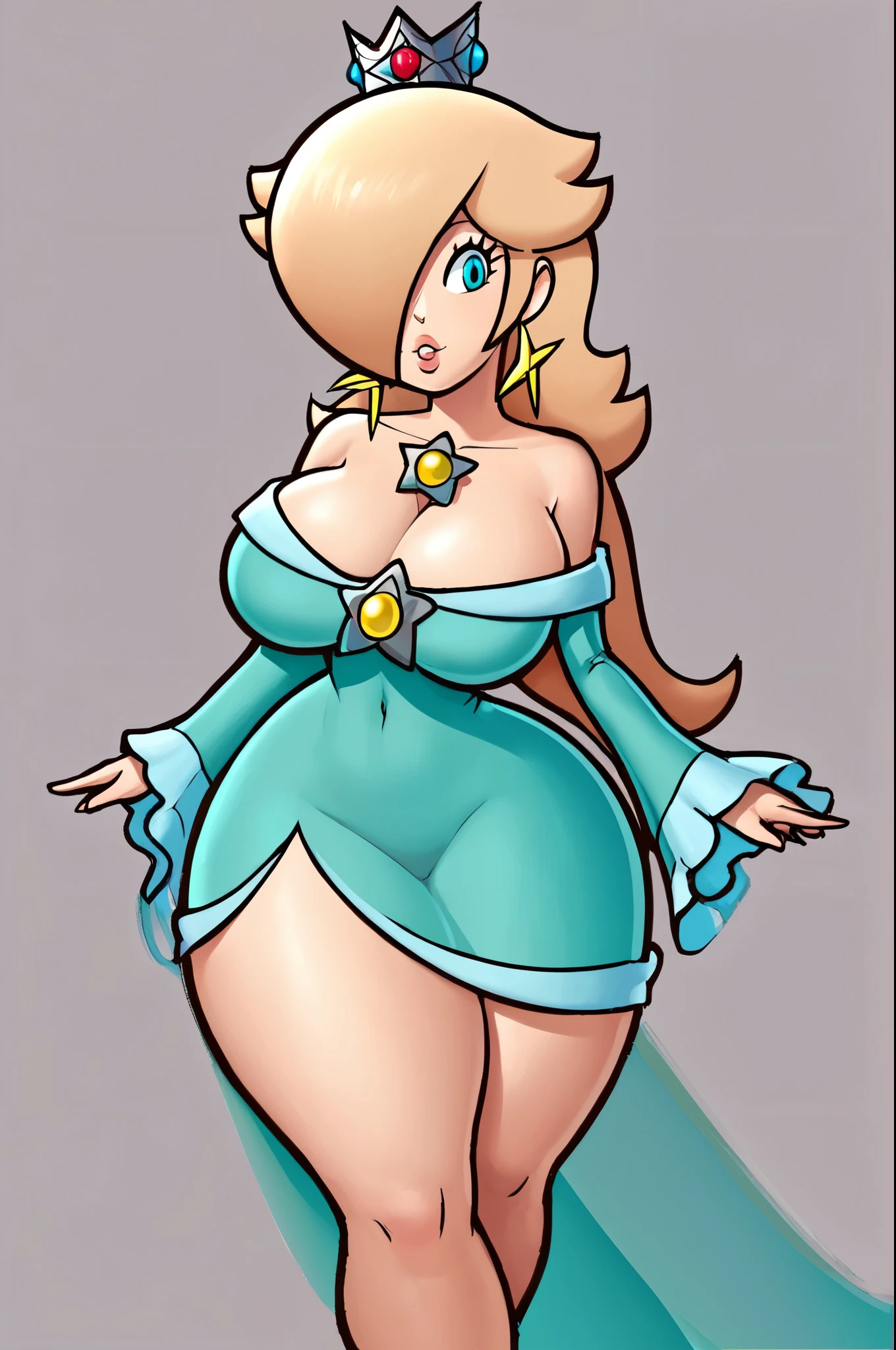 Princess peach , nude, nipples, large breasts, curvy, curvaceous, vagina, thick thighs, blush, rizdraws style 