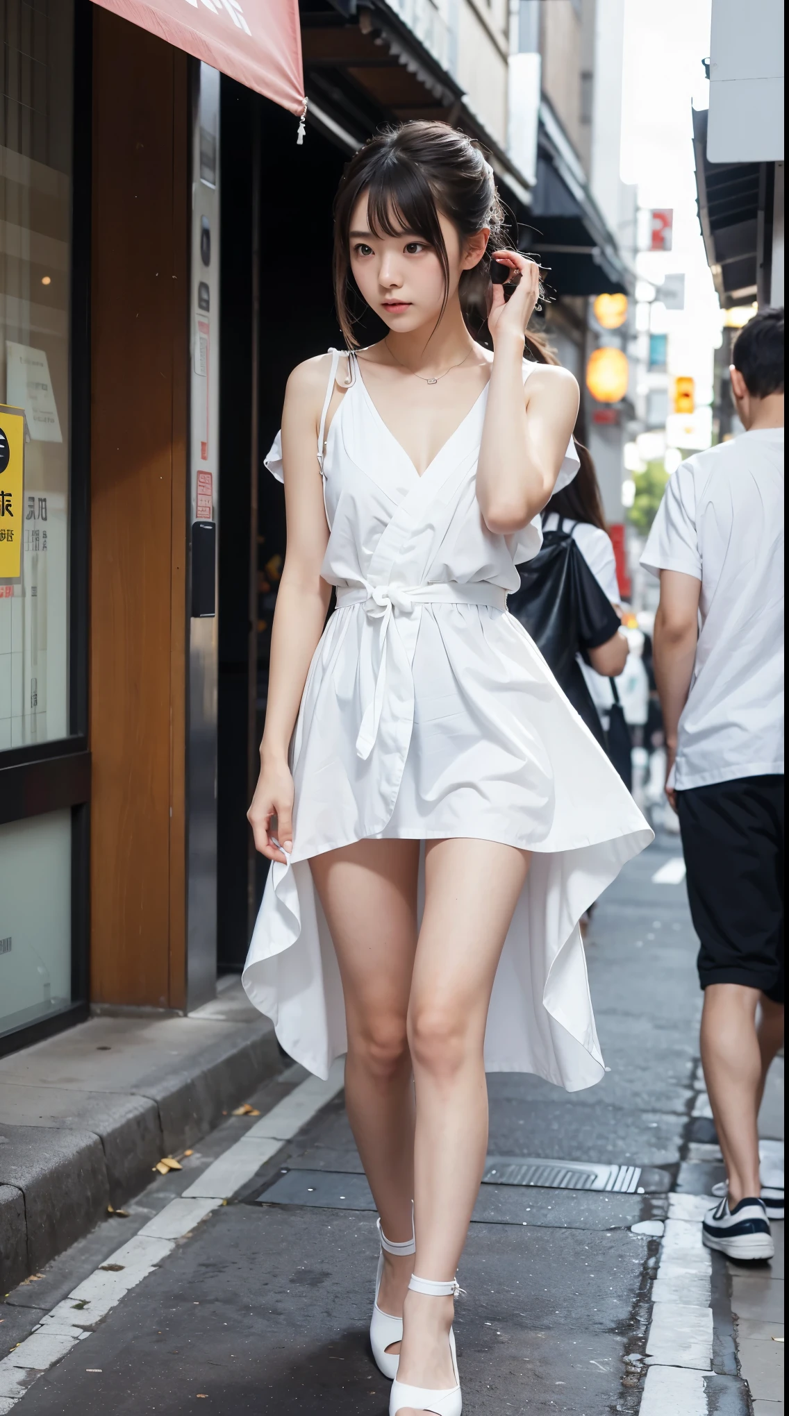 (Realistic: 1.3), masterpiece, Highest quality, Clear Face, Front light, View the viewer, 1 person、Japanese beautiful girl、18-year-old high school student, ((Sapphire glowing pupils)), Dancing, With a diamond necklace large enough to cover the chest, Front view, ((Big warm smile)), She wore a white wedding dress with a deep neckline decorated with floral lace and pearls.、Upper body naked、topless、Her front is wide open, exposing her chest、chest out from clothes、Standing on a stone staircase by the water, Very small breasts,Beautiful cherry-colored areola 、Erect nipples、Narrow waist、Small butt、Shaved、Glowing White Skin, Pose for a photo, Golden Hour, Dappled Light and Shadow 、topless、Upper body naked、Full body shot、Completely naked、Full nudity
