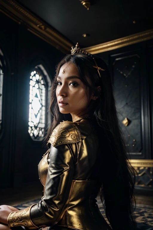 beautiful muscular antique greek spartan warrior asian girl, detailed face with piercing eyes, flowing dark hair, wearing ornate spartan helmet with ornate gold and bronze details, wearing detailed spartan battle armor with intricate gold and bronze designs, holding a golden sword, dramatic lighting, cinematic angle, highly detailed, photorealistic, 8k, masterpiece