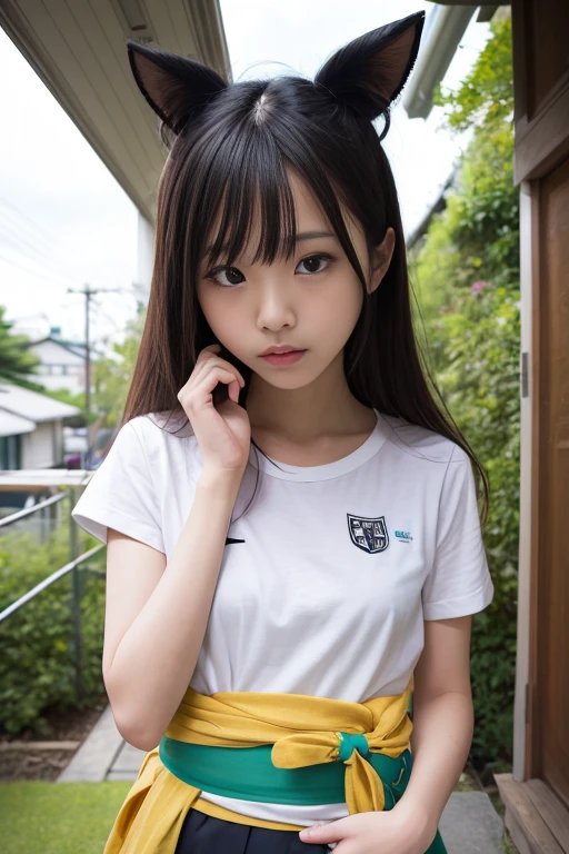 (8k),(masterpiece),(Japanese),(8--old l),((innocent look)),((Childish)),From the front and above,smile,cute,Innocent,Kind eyes,Plain T-shirt,Short sleeve,Short skirt with blue check,semi-long,Hair blowing in the wind,Black Hair,Somewhat strong wind,noon,bright