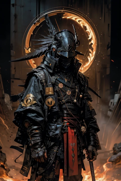Create a extrahart, mystical, and high-resolution image of an busty female anthropomorphic a humanoid robot with intricate mechanical components named c3po. The character should be depicted in a manga cover style with wealthy portraiture and poster art elements. The image should feature rich colors and high contrast, focusing on the best quality, official art, and a beautiful and aesthetic appearance. Include fractal art elements and a colorful background with a splash of color. Use a movie perspective and an advertising style, similar to a magazine cover. C3po samurai should be shown solo, wearing Japanese clothes and armor, holding a sheathed katana, and standing in a cowboy shot pose. The robot should have neon green and yellow hip-hop clothes, tattoos, muscular abs, shoulder armor, and a metallic blue flowers in the background. Emphasize a samurai theme with a red background and starwars elements.