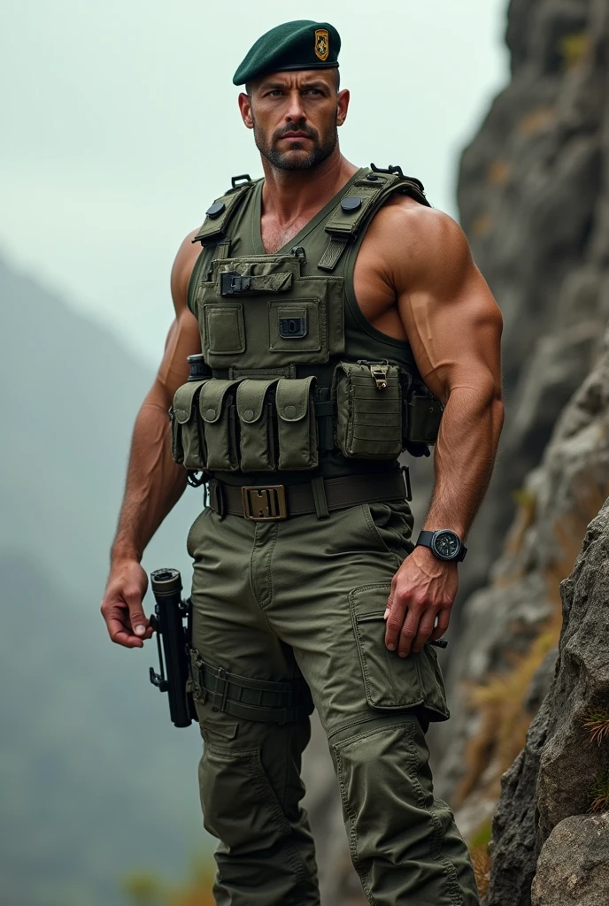 A young , Handsome , blond , muscular policeman with a hairy chest in a Kevlar bulletproof vest of 24 years old , without a shirt and trousers , , hairy chest is visible in the section . on the shoulders of a pistol holster, , . Face and body armor - close-up . the picture is in full growth
