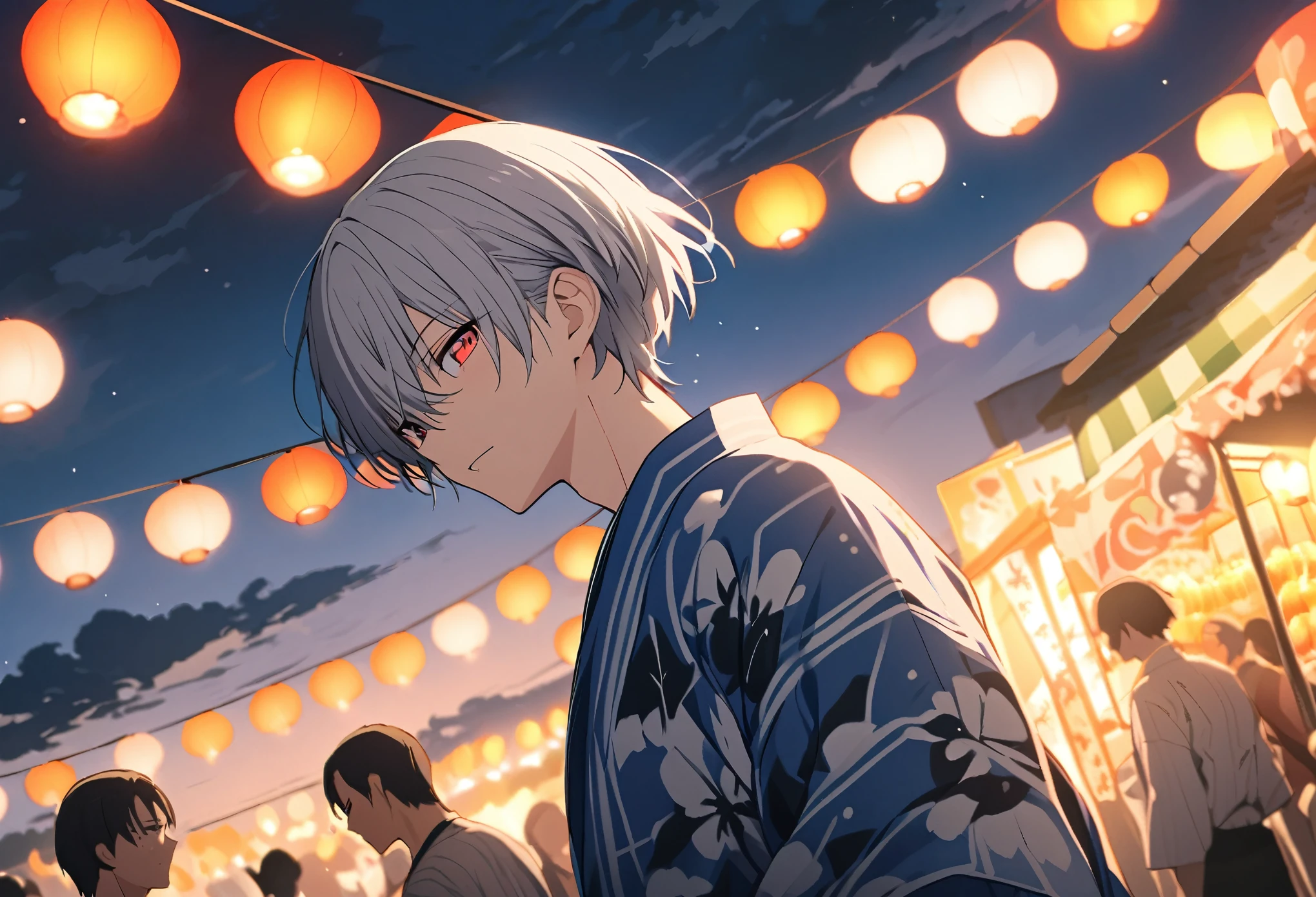 good looking, Alone, 1 male, Gray Hair, Red eyes, 日本のyukata, night, White Light,cute目,Short hairstyle,cute,Falling from the sky,綺麗なsummerの空,Lots of white clouds,summer,A sparkling view,bright,Blue Sky,Looking at the camera,yukata,Festivals,日本のFestivals