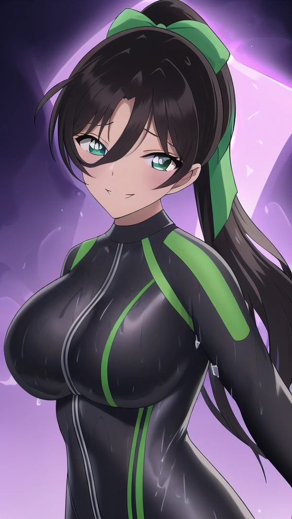  Erotic、Long ponytail volume、Ribbon hair tie、Big Breasts, Alone,teacher、 Light green wetsuit　Rash guard, Purple evil background、 Best Quality, Detailed face, Detailed eyes, High resolution,、Evil female executive、Wicked Smile、Sexy pose、Fallen into evil、Fall into Darkness、Dark Side、excited、lure