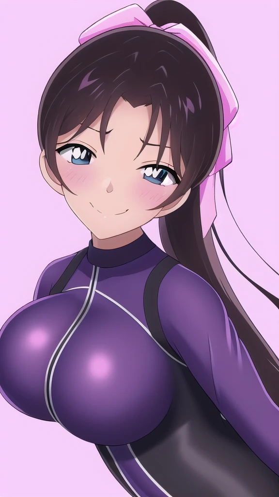  Erotic、Long ponytail volume、Ribbon hair tie、Big Breasts, Alone,teacher、 Pastel pink wetsuit　Rash guard, Purple evil background、 Best Quality, Detailed face, Detailed eyes, High resolution,、Evil female executive、Wicked Smile、Sexy pose、Fallen into evil、Fall into Darkness、Dark Side、excited、lure