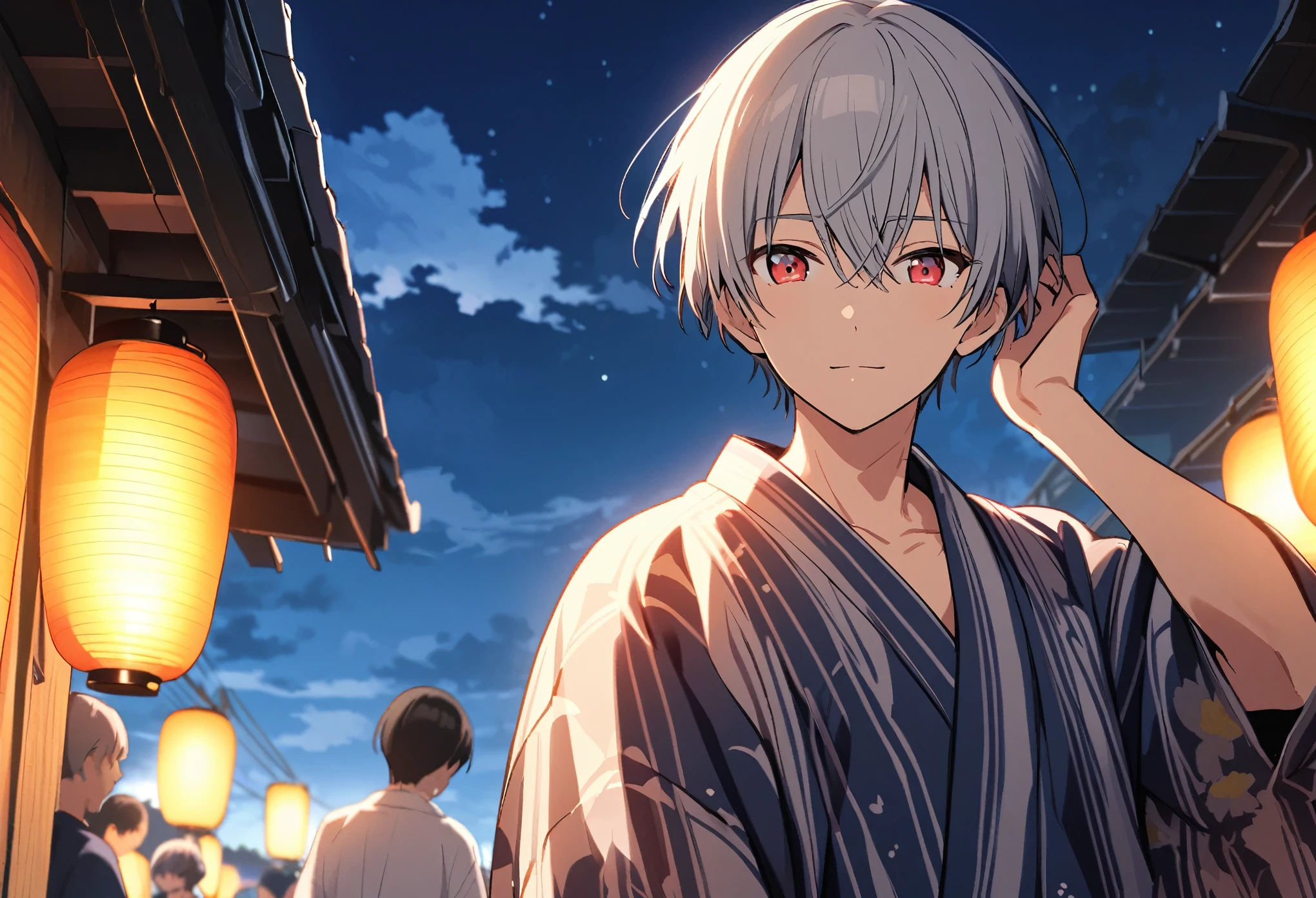 good looking, Alone, 1 male, Gray Hair, Red eyes, 日本のyukata, night, White Light,cute目,Short hairstyle,cute,Falling from the sky,綺麗なsummerの空,Lots of white clouds,summer,A sparkling view,bright,Blue Sky,Looking at the camera,yukata,Festivals,日本のFestivals