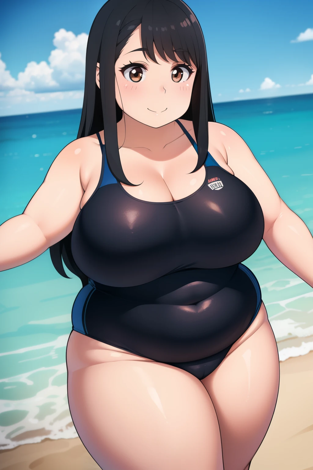 2 chubby big boobs black hair brown eyes chubby happy long hair blushing smile deredere wearing a swimsuit 