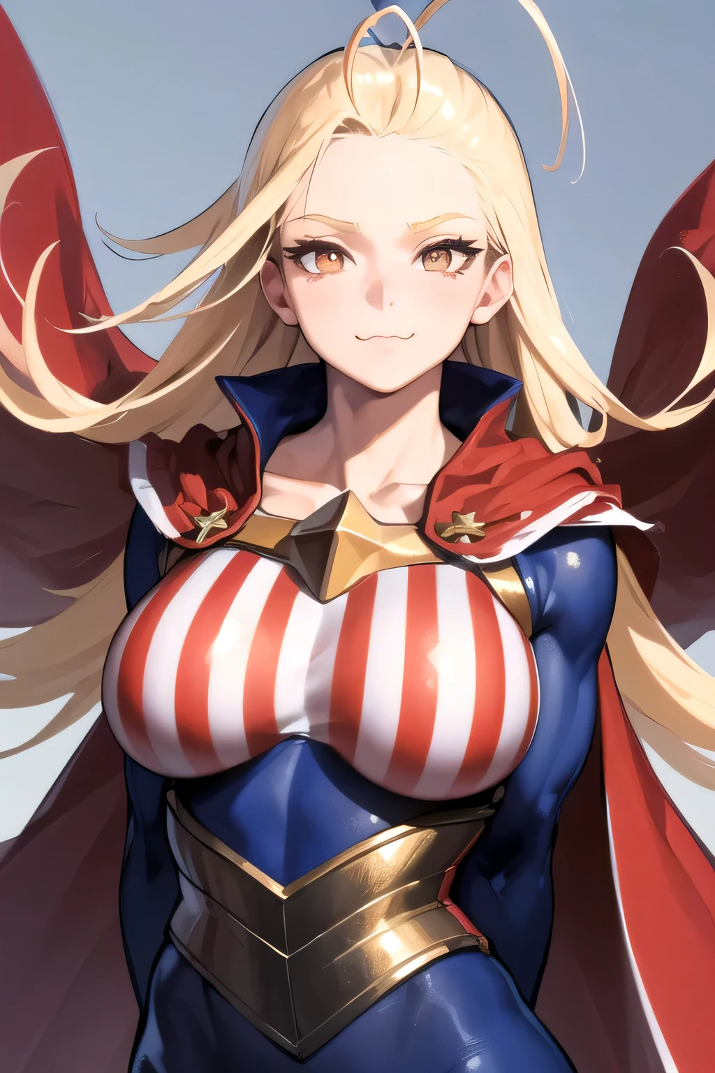 (masterpiece, best quality:1.2), solo, 1girl, necoarc, starandstripe, muscular, :3, looking at viewer, brown eyes, antenna hair, slit pupils, american flag print, striped bodysuit, red cape, big breasts, cleavage, upper body.