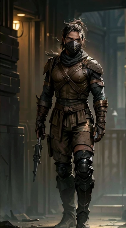 ((Bradley Cooper)) as Kabal from Mortal Kombat, solo, short ponytail, (face covered by a respirator:1.2), wears a wasteland outfit, (wields twin hooks:1.2), (cowboy shot), (full body view), (full body render), intricate, high detail, sharp focus, dramatic, photorealistic painting art by greg rutkowski