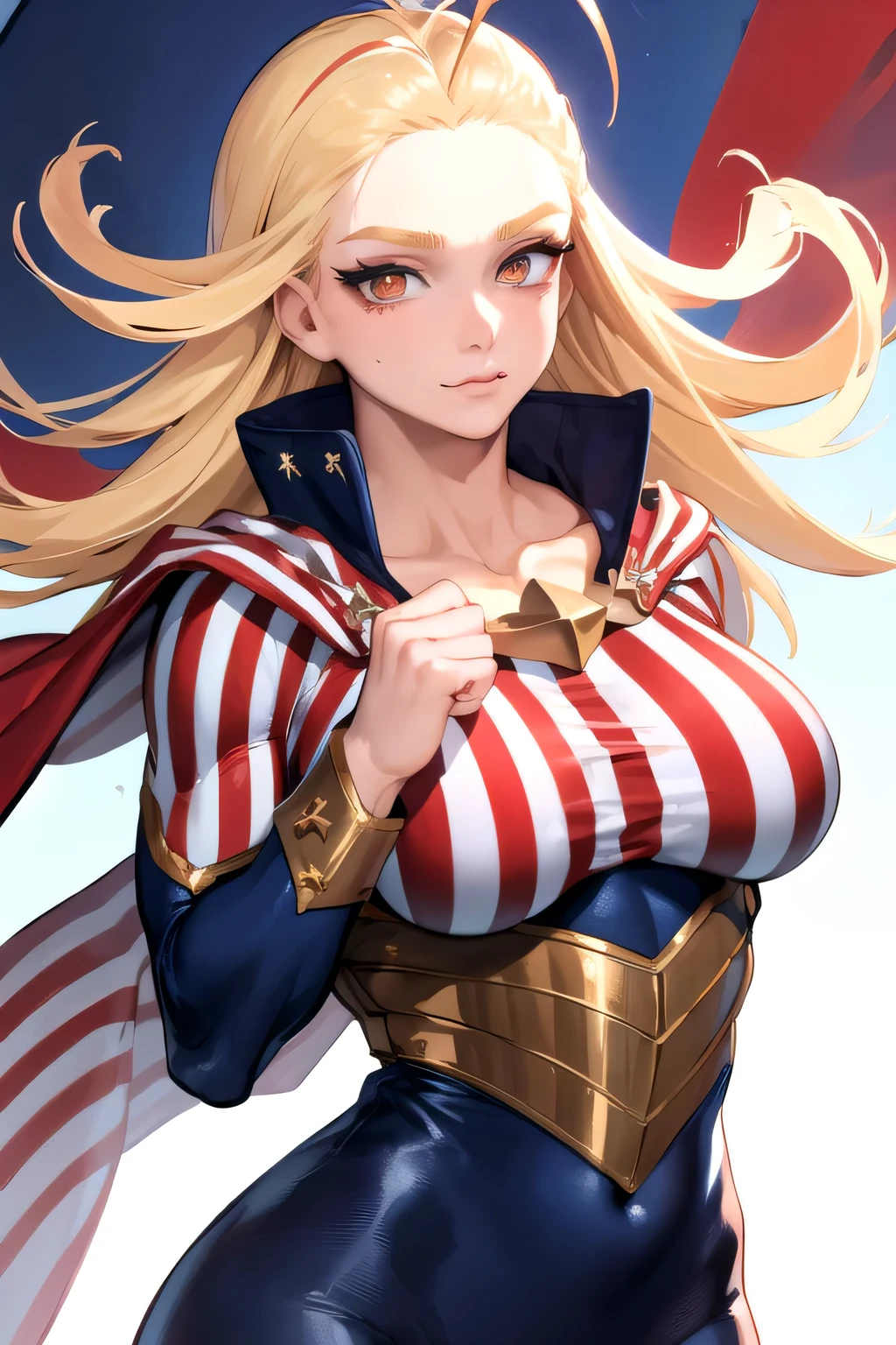 (masterpiece, best quality:1.2), solo, 1girl, necoarc, starandstripe, muscular, :3, looking at viewer, brown eyes, antenna hair, slit pupils, american flag print, striped bodysuit, red cape, big breasts, cleavage, upper body.
