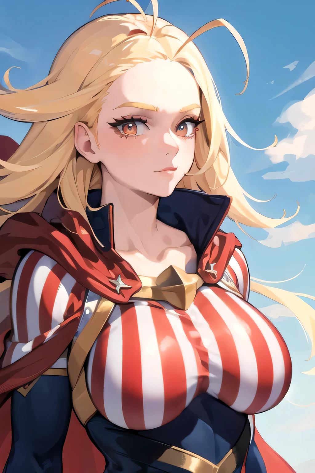 (masterpiece, best quality:1.2), solo, 1girl, necoarc, starandstripe, muscular, :3, looking at viewer, brown eyes, antenna hair, slit pupils, american flag print, striped bodysuit, red cape, big breasts, cleavage, upper body.
