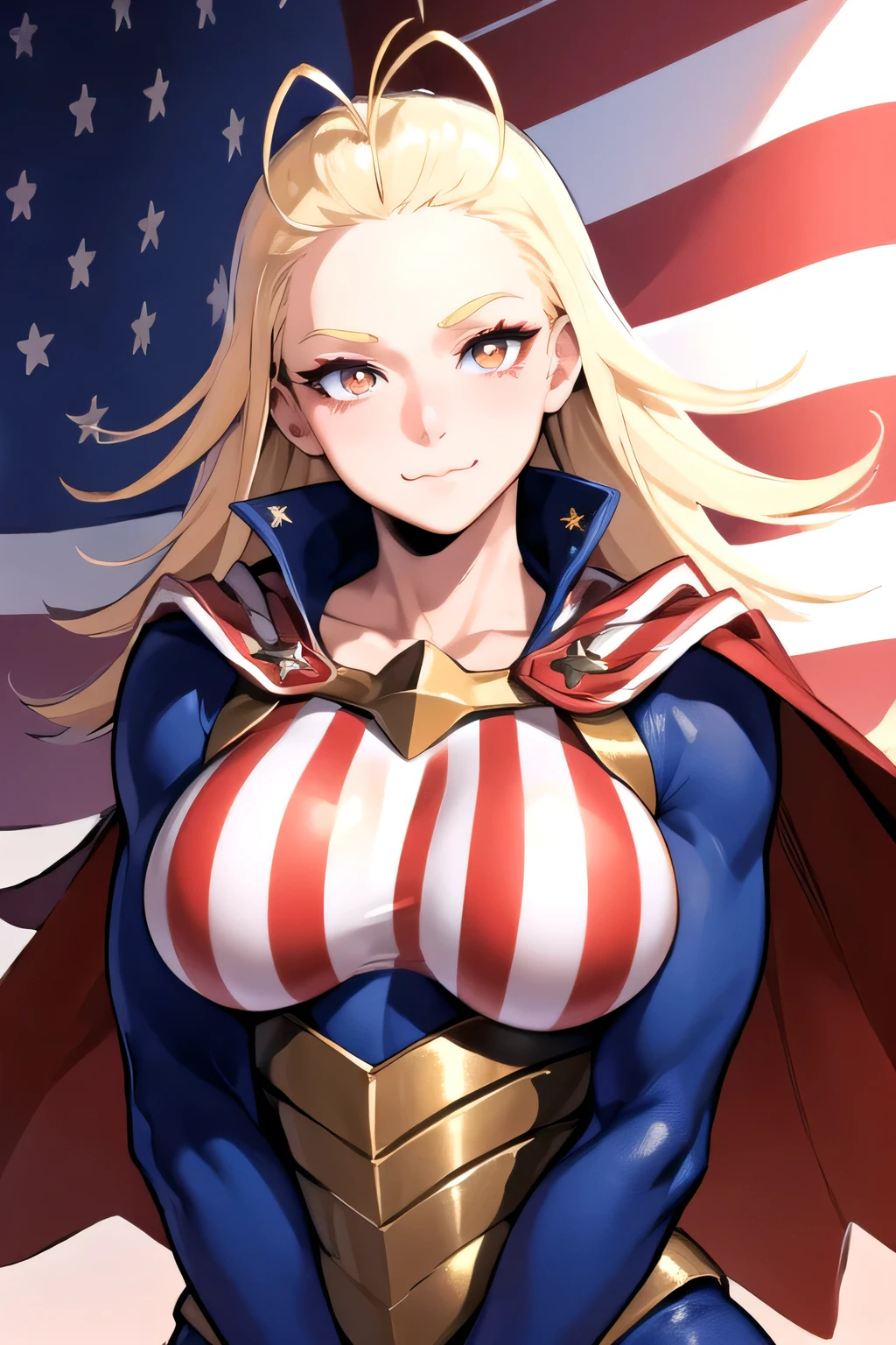 (masterpiece, best quality:1.2), solo, 1girl, necoarc, starandstripe, muscular, :3, looking at viewer, brown eyes, antenna hair, slit pupils, american flag print, striped bodysuit, red cape, big breasts, cleavage, upper body.
