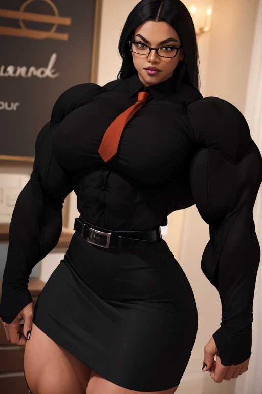 ((Massive, beautiful, buff, light brown skinned muscular woman with black hair, orange eyes, black lipstick, ginormous bulky muscles)), (((black three-piece suit))), necktie, blazer, (((black suit jacket))), (((waistcoat))), double-breasted waistcoat, (((pencil skirt))), ((pencil skirt)), tie clip, pocket square, pocket watch, pantyhose, high heels, (close view), (massive muscles), hyper muscles, long straight hair, in an courtroom, closed smile