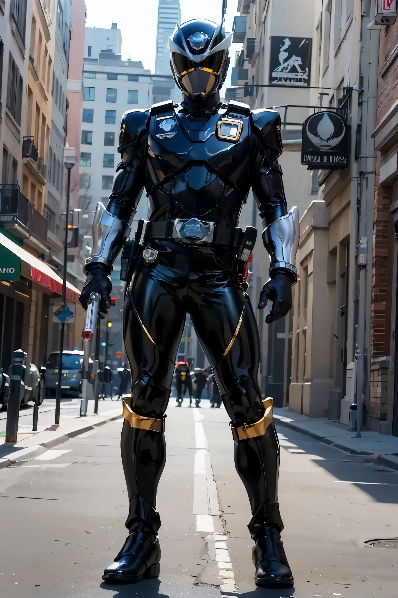 1boy, full body, Illustration, cinematic light, high resolution, best quality, ultra-detailed, masterpiece, power suit, powerranger, suit, spd, (Silver and Gold chest plate), black and gold detail, (((black suit))), ((police theme:1.2))